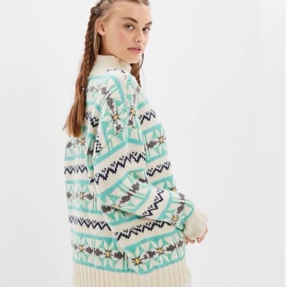 American Eagle AE Fairisle Knit Sweater Mock Neck Sz Small Scandi Cozy Oversized - Picture 1 of 12